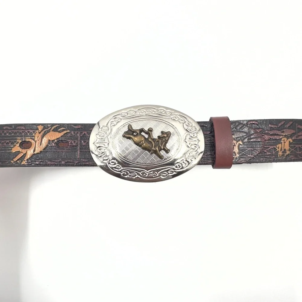 Nocona Western Belt Boys 24 Rodeo Tooled Leather Big Buckle Bull Rider Cowboy